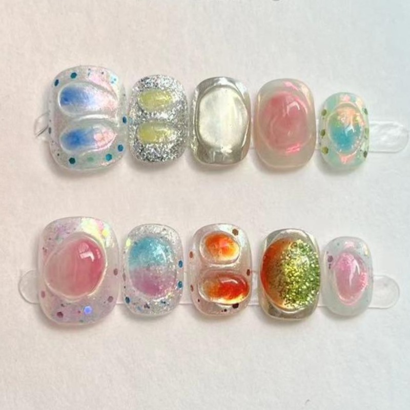 Nail Art Full Color - 10Pcs 귀여운 짧은 라운드 수제 가짜
