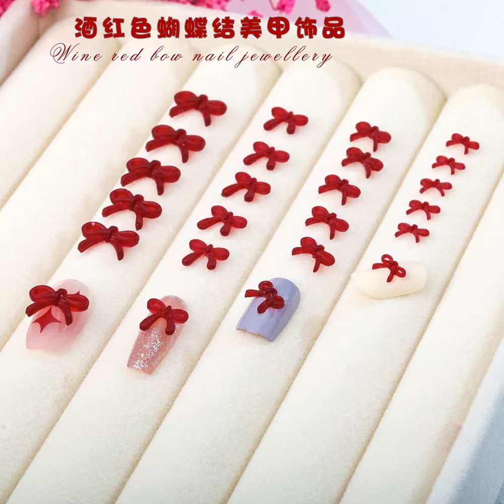 Nail Art Red Wine - 프렌치 와인 레드 보우 네일 아트