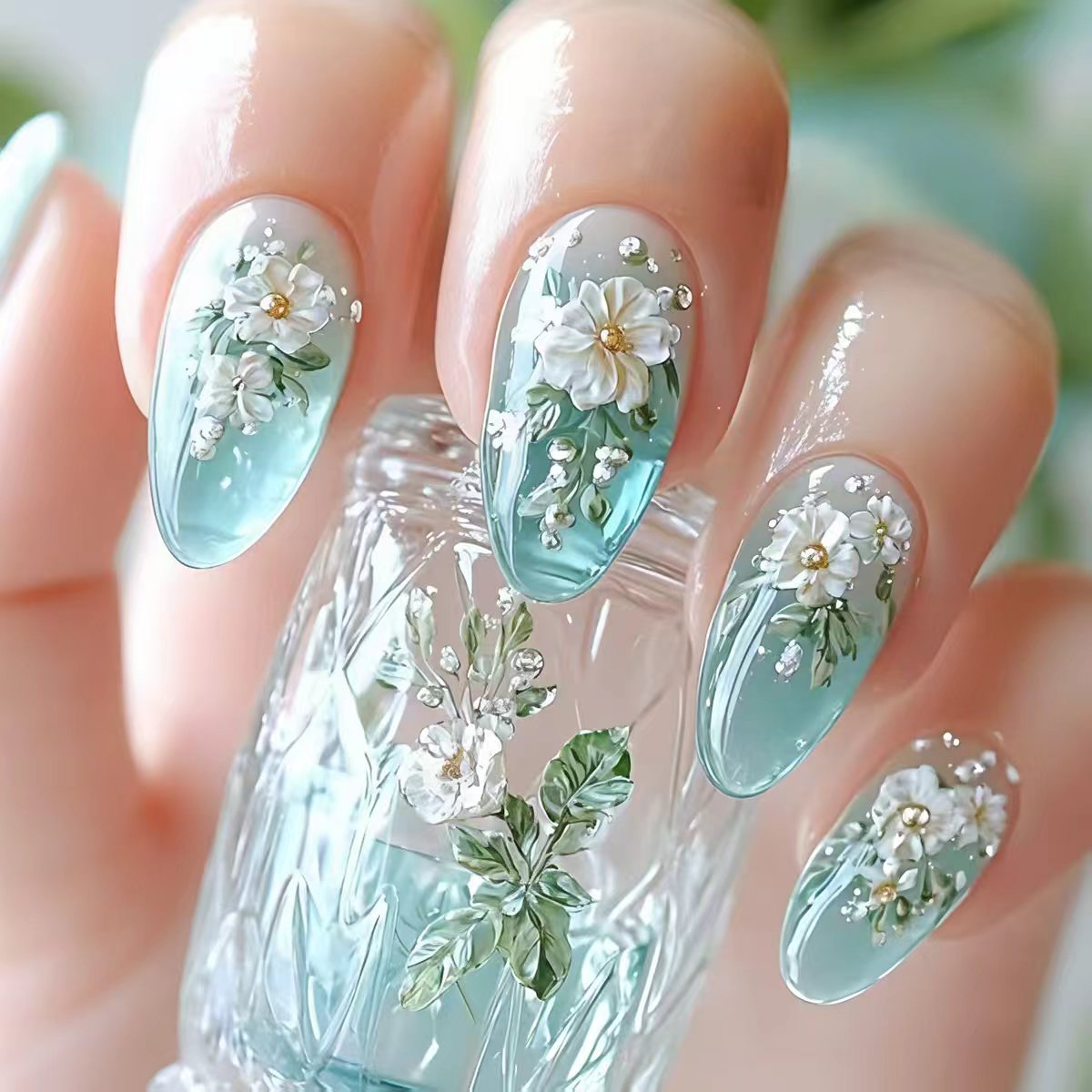 Nail Art Flower - 여성용 중간 사이즈 가짜 손톱, 반투명