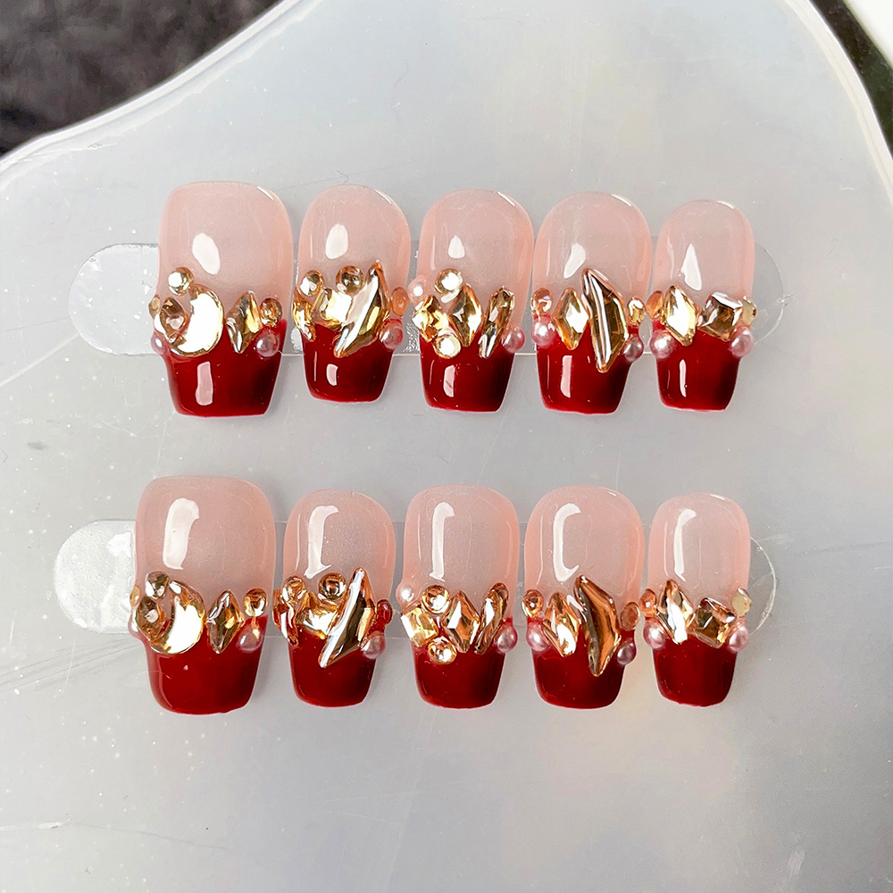 Nail Art Red Wine - 10개입 짧은 사다리꼴 수제 프레스온 네일