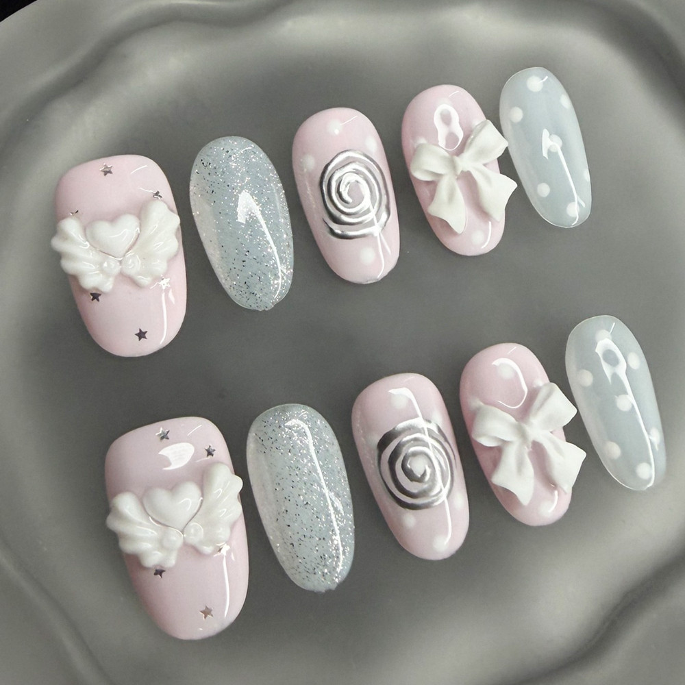 Nail Art Vintage - 한국 빈티지 위시코어 숏 핸드메이드 프레스온