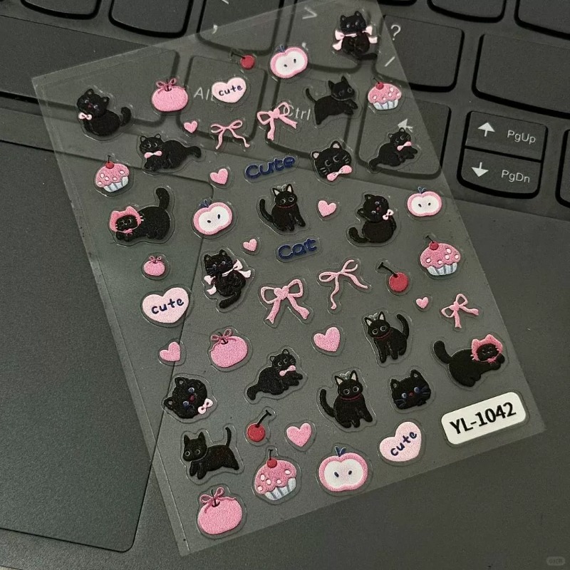 Nail Art Vintage - 귀여운 만화 리본 검은 고양이 3D