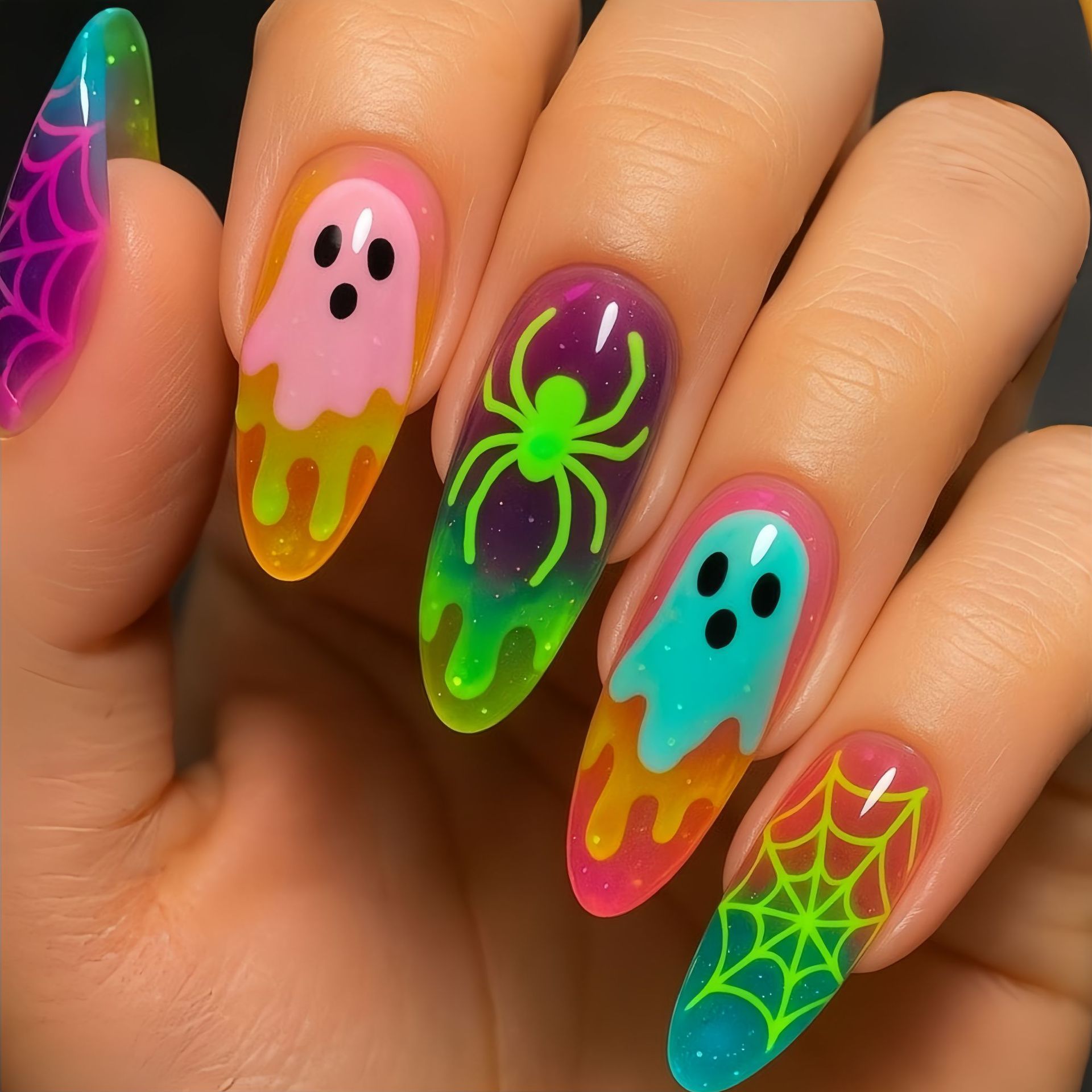 Nail Art Full Color - 네온 그라데이션 컬러 할로윈 프레스온 네일