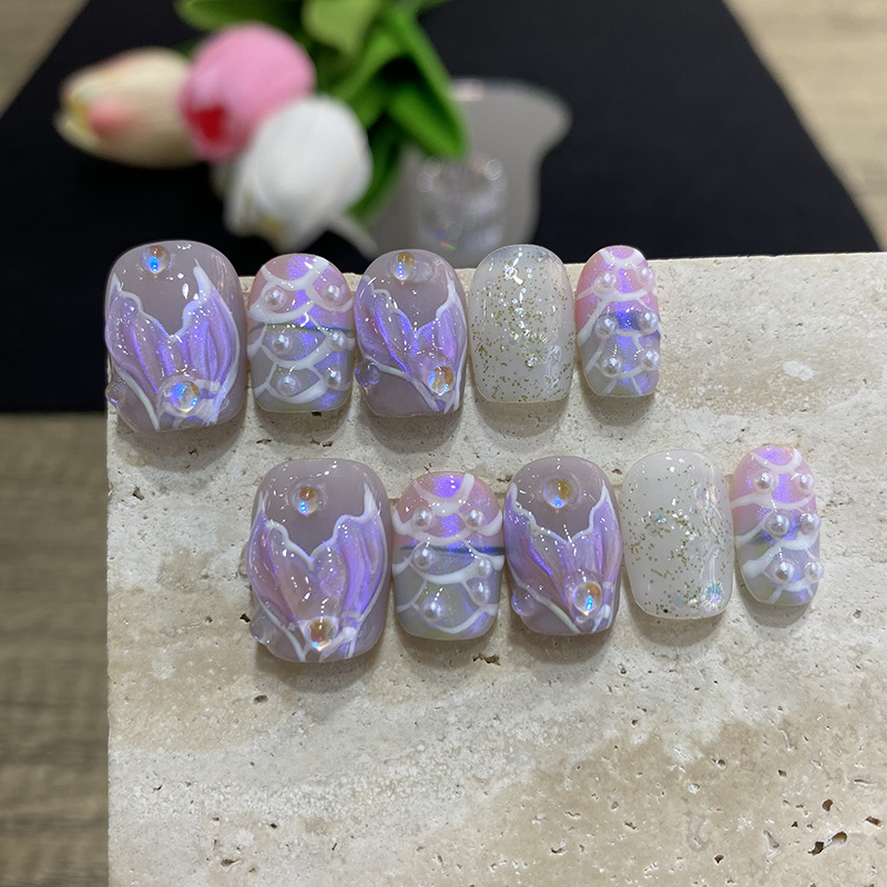 10개 나비꽃 모양 중간 길이 코핀형 인조 손톱, 펄  - Nail Art Flower 리뷰 및 가격