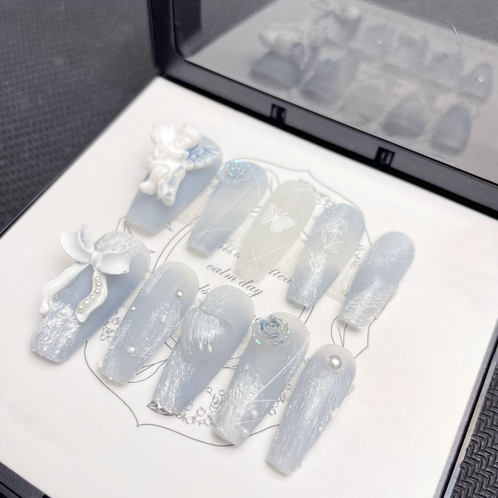 3D 석고 천사 가짜 손톱 광택 헤이즈 블루 수제 프레 - Nail Art Flower 리뷰 및 가격