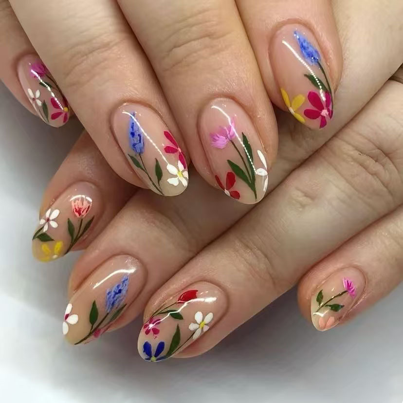 24Pcs 간단한 아몬드 손톱 팁 신선한 다채로운 꽃  - Nail Art Flower 리뷰 및 가격