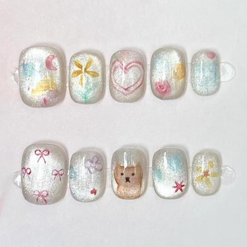 10Pcs 귀여운 짧은 라운드 수제 가짜 네일 반짝이  - Nail Art Full Color 리뷰 및 가격