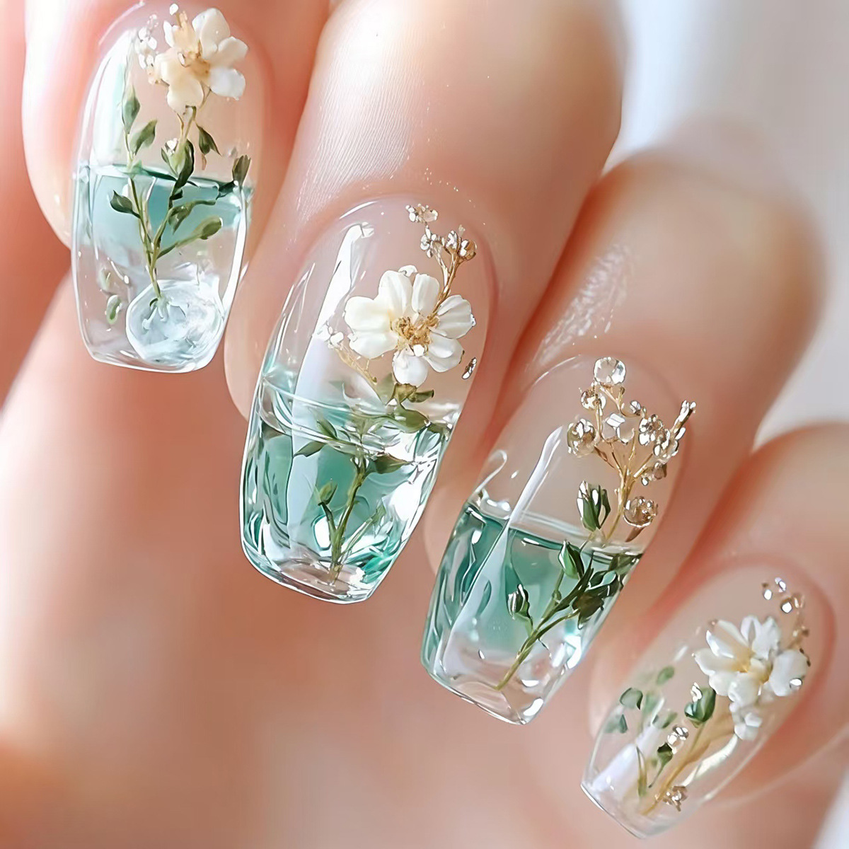 여성용 중간 사이즈 가짜 손톱, 반투명 그라데이션 그린 - Nail Art Flower 리뷰 및 가격