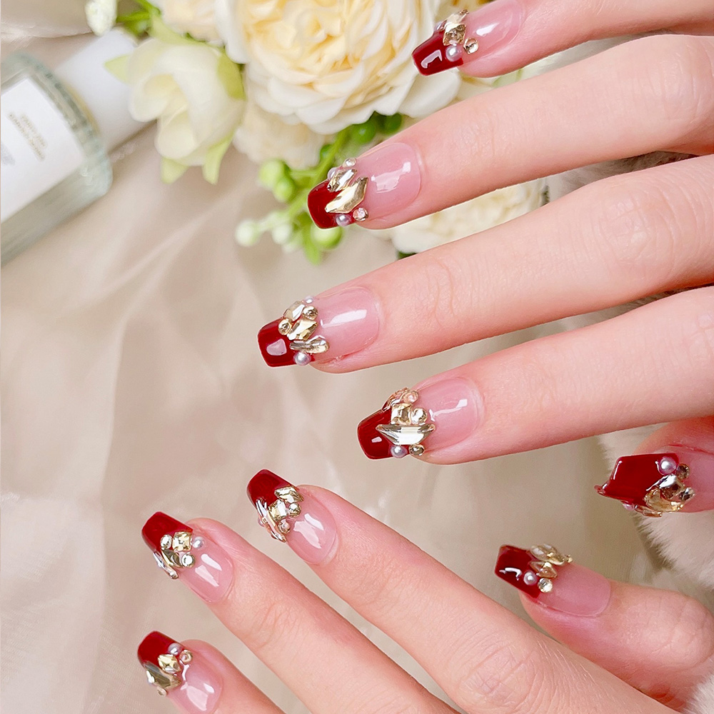 10개입 짧은 사다리꼴 수제 프레스온 네일 키트, 와인 - Nail Art Red Wine 리뷰 및 가격