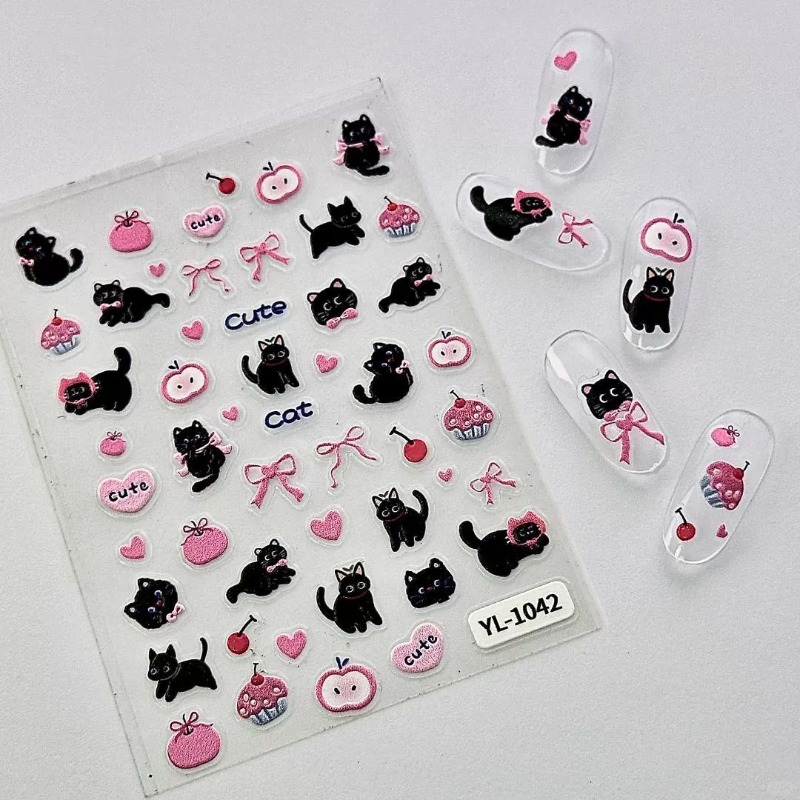 귀여운 만화 리본 검은 고양이 3D 릴리프 스티커 사랑 - Nail Art Vintage 리뷰 및 가격