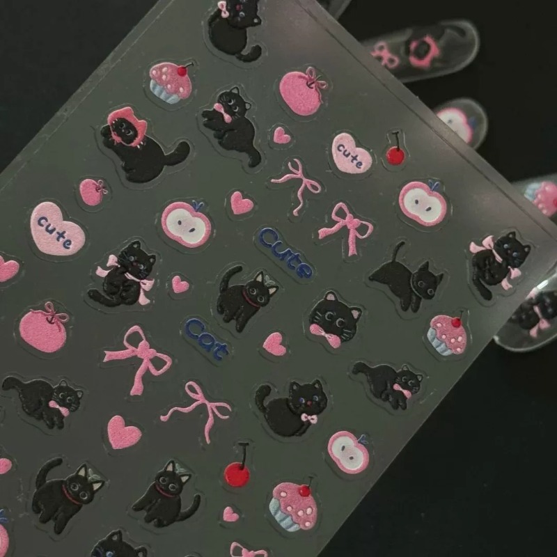 귀여운 만화 리본 검은 고양이 3D 릴리프 스티커 사랑 - Nail Art Vintage 리뷰 및 가격